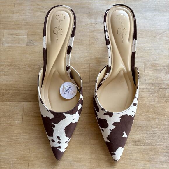 Jessica Simpson Cow Print Heels Stiletto Pointed Toe 9M Mules NWT Western Bold - Picture 2 of 8